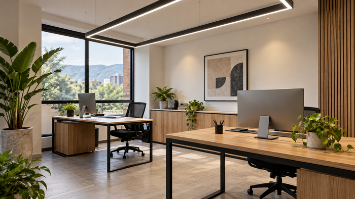 Oficina con iluminación lineal LED, imagen ilustrativa generada con IA