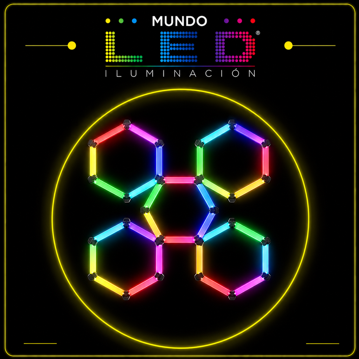 SET HEXAGONALES LED X5 DE 41 CM CHASIS NEGRO FRGB MULTICOLOR CON CONTROL