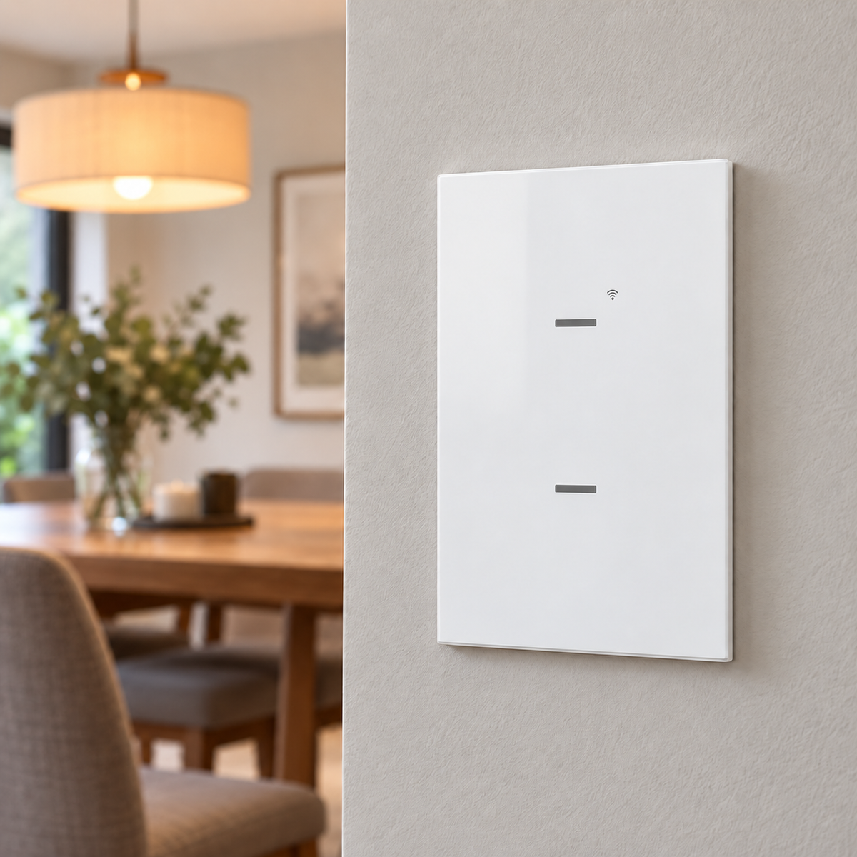 INTERRUPTOR DOBLE SMART HOME WIFI TOUCH BLANCO GENERACION 2 TIC49 instalado en casa — imagen ilustrativa generada con IA