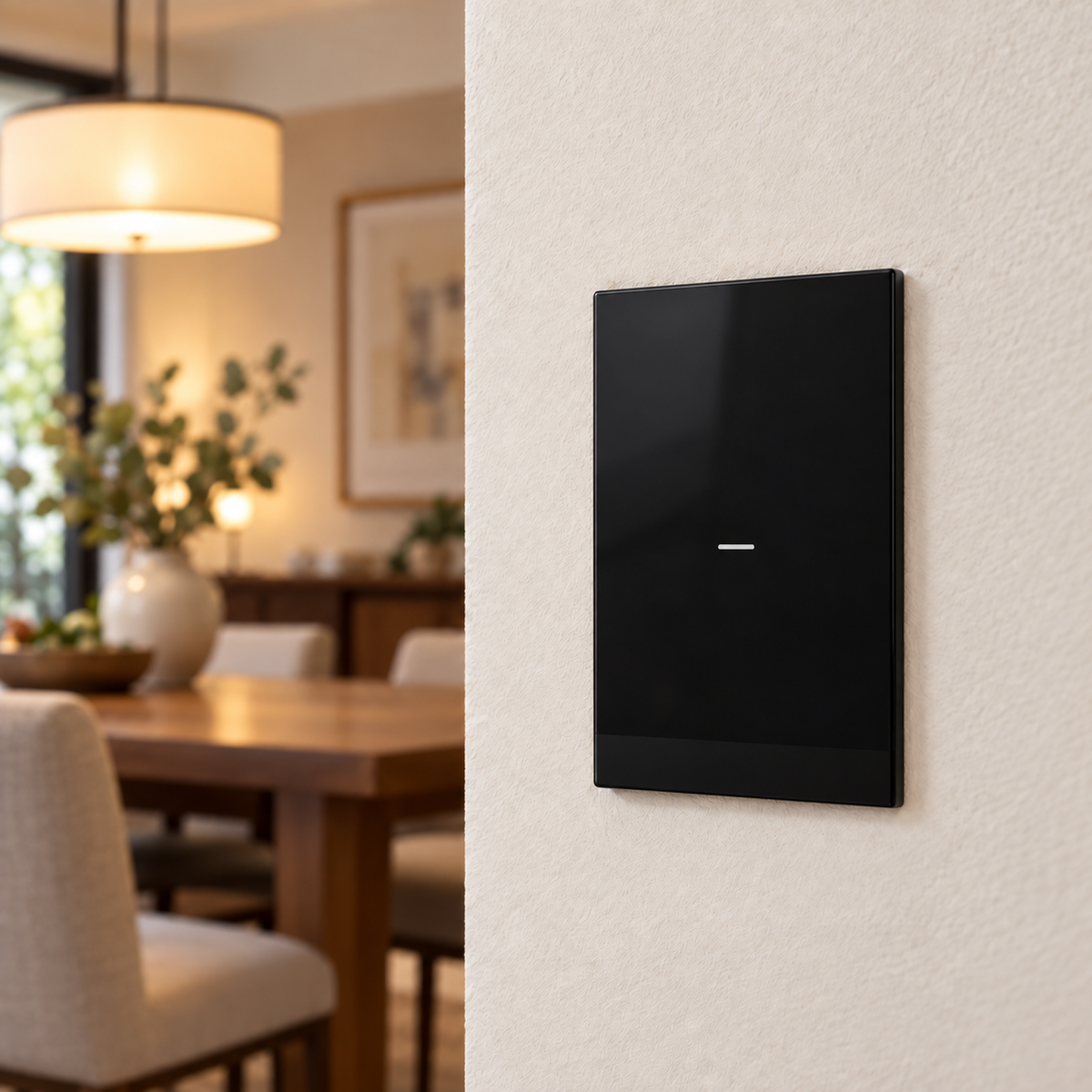 INTERRUPTOR SENCILLO SMART HOME WIFI TOUCH NEGRO GENERACION 2 TIC53 instalado en casa — imagen ilustrativa generada con IA