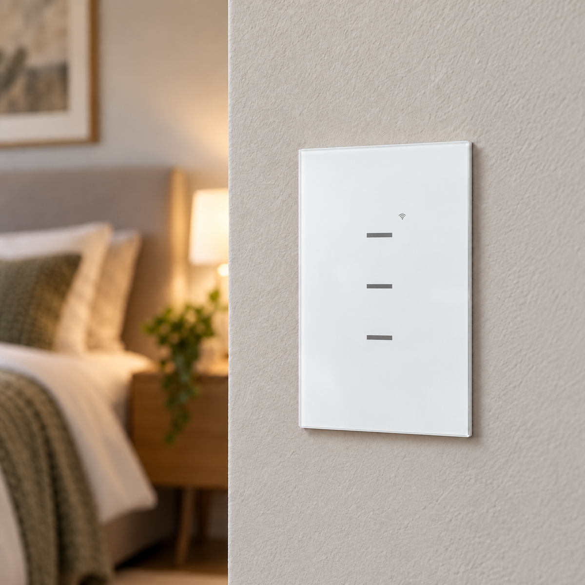 INTERRUPTOR TRIPLE SMART HOME WIFI TOUCH BLANCO GENERACION 2 TIC50 instalado en casa — imagen ilustrativa generada con IA