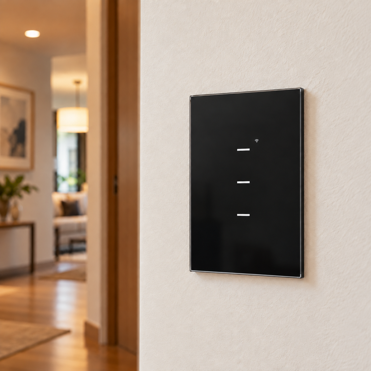 INTERRUPTOR TRIPLE SMART HOME WIFI TOUCH NEGRO GENERACION 2 TIC55 instalado en casa — imagen ilustrativa generada con IA