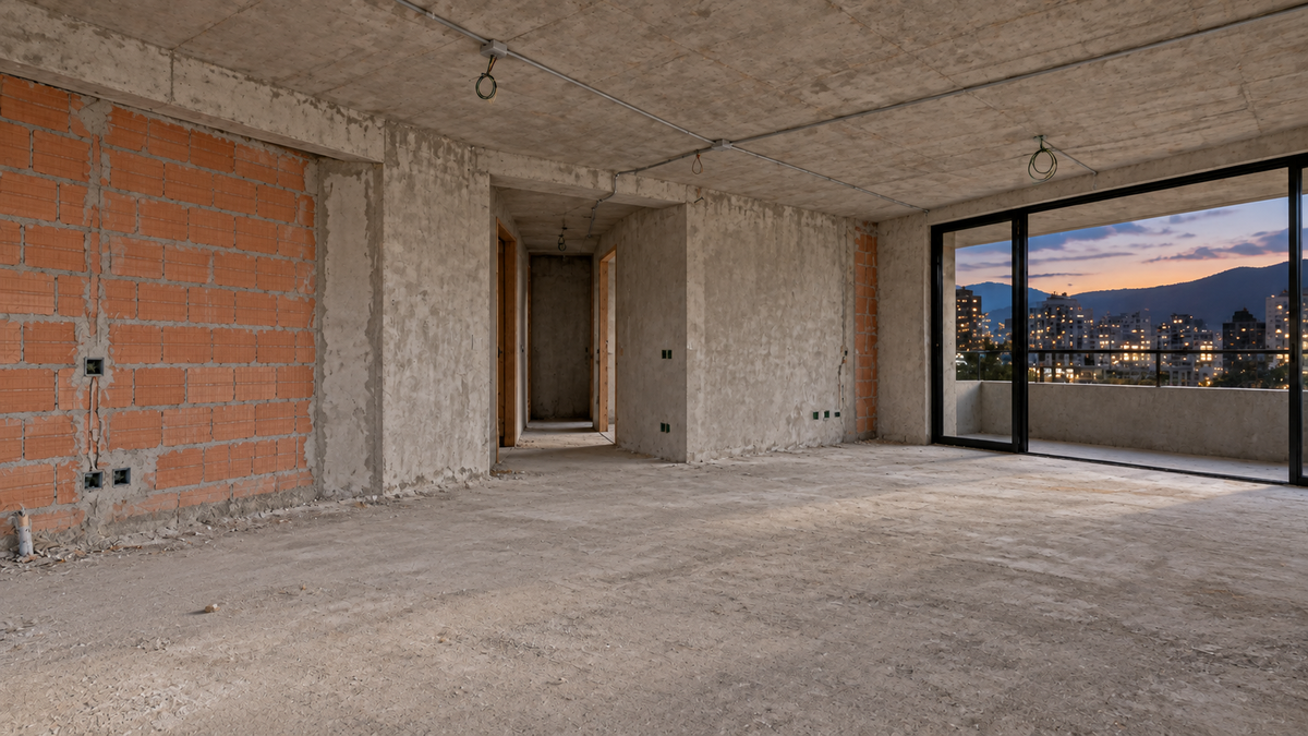 Apartamento en obra negra con ladrillo, concreto y piso sin acabados, ilustración generada con IA
