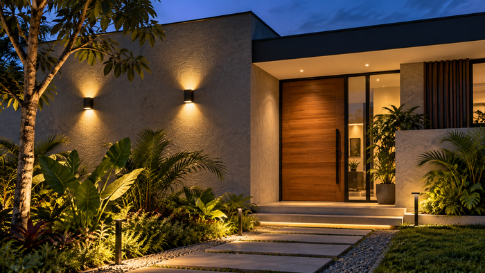 Fachada con iluminación LED exterior, imagen ilustrativa generada con IA