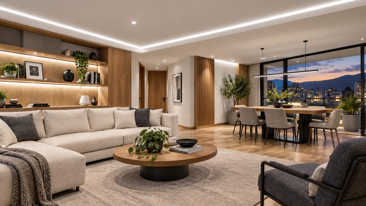 Misma sala con iluminación LED neutra, representación ilustrativa generada con IA