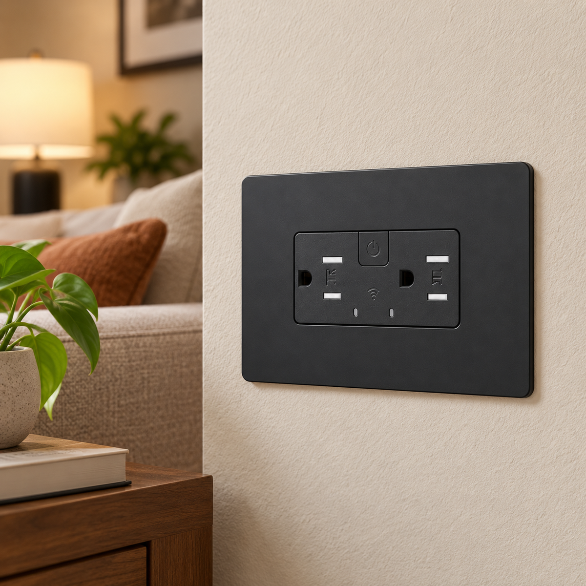TOMA DOBLE SMART HOME WIFI NEGRA GENERACION 2 TIC57 instalado en casa — imagen ilustrativa generada con IA